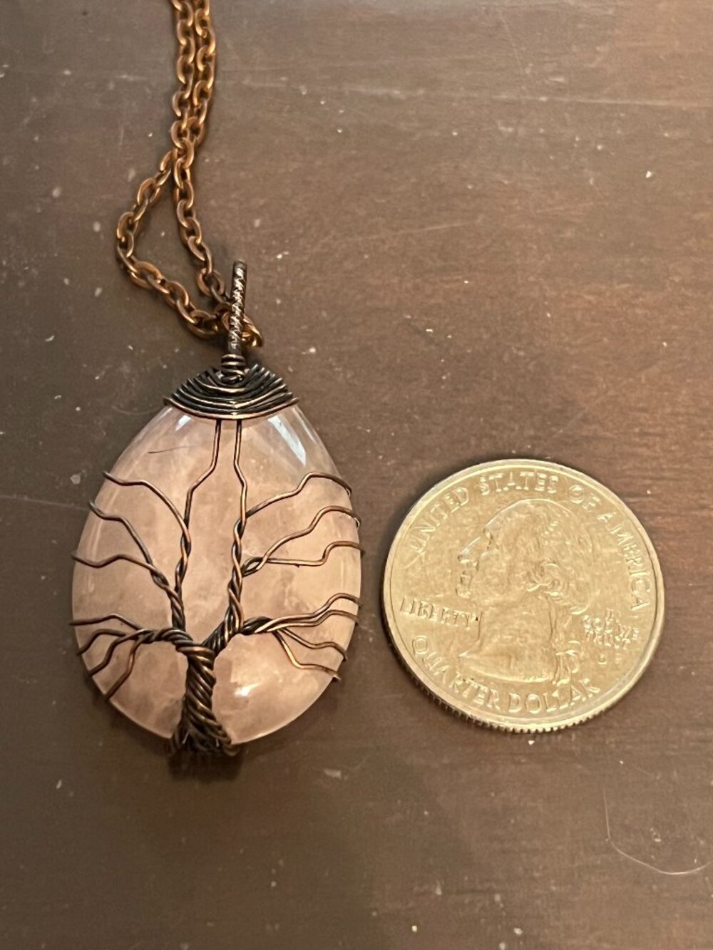 Rose Quartz Tree of Life Wire Wrapped Pendant Necklace (499)